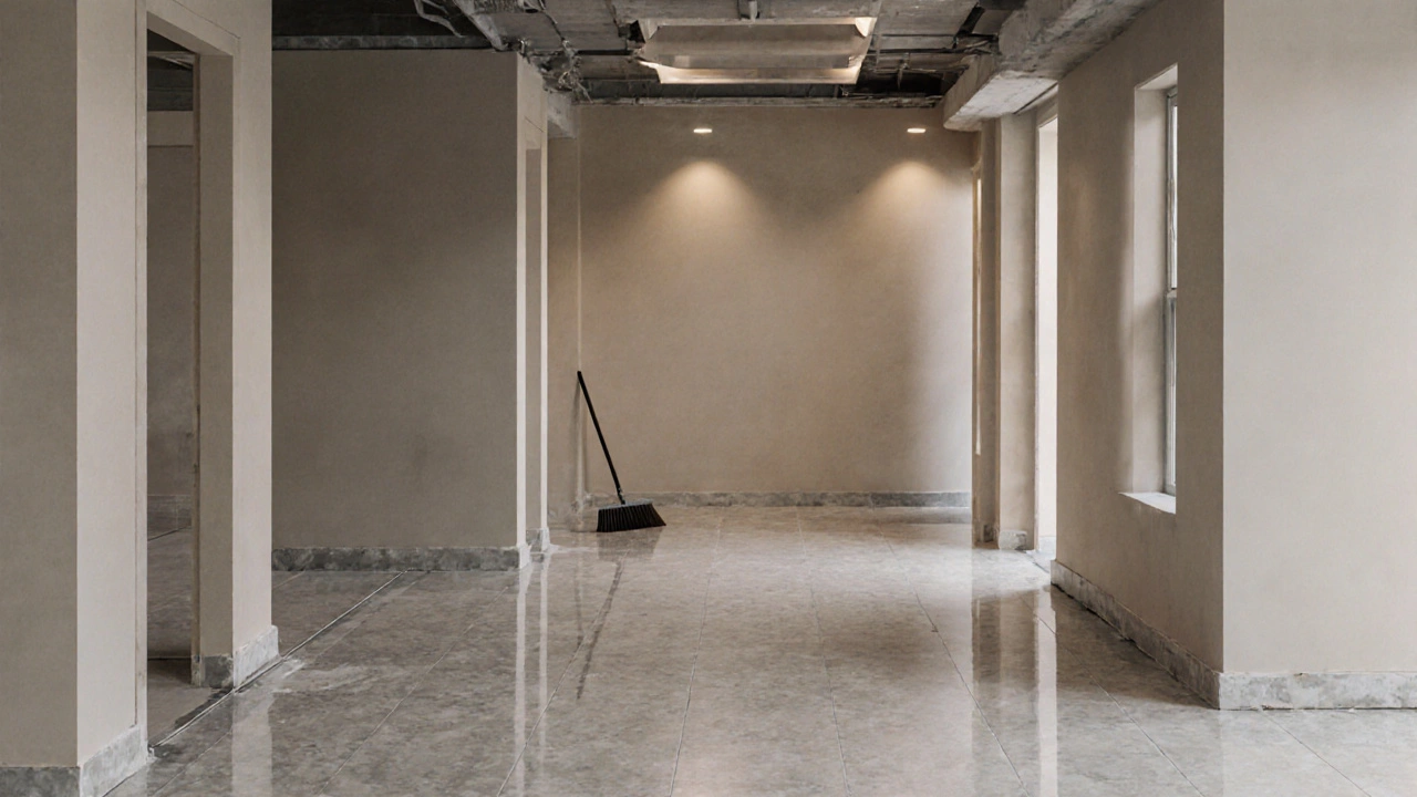 Чистый пол с плиткой, готовые стены и натяжной потолок в завершенном ремонте.