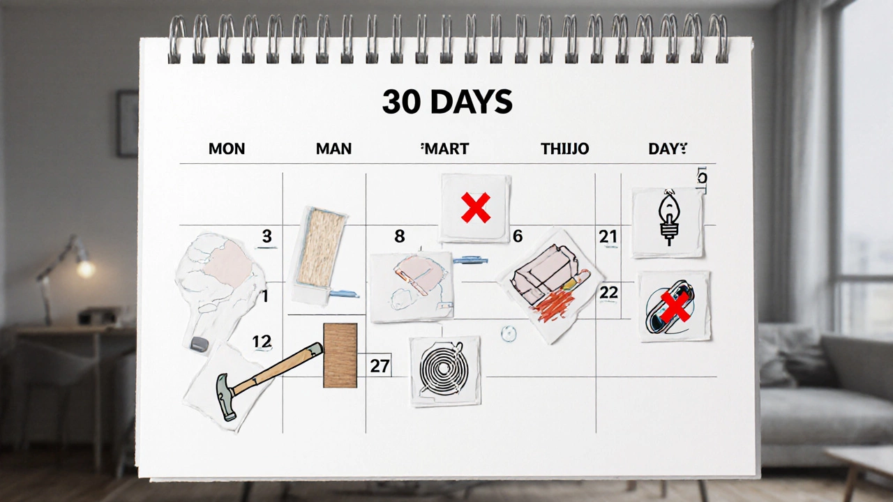 Календарь с 30 днями, где запрещённые действия отмечены крестиками: трубы, проводка, перепланировка.