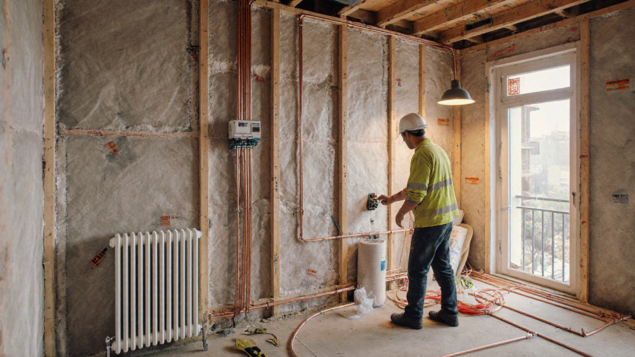 Новые трубы и электропроводка проложены в стене, видна теплоизоляция и термостатический клапан.