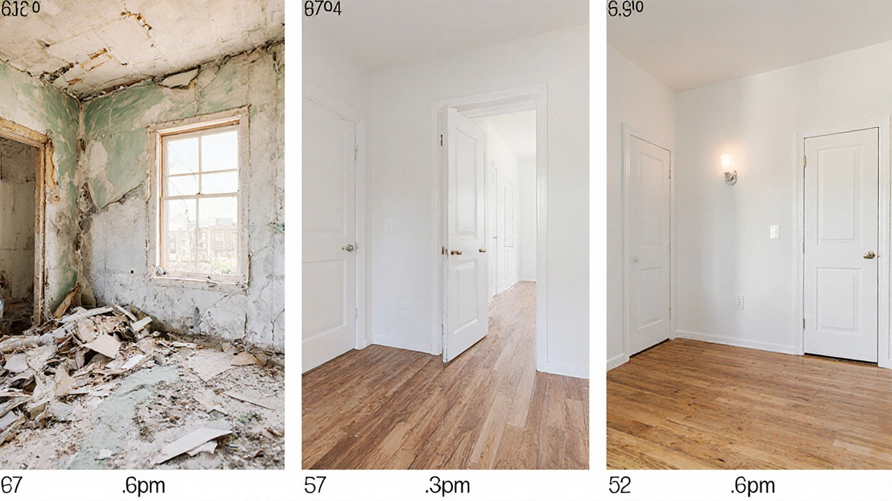 Последовательные этапы ремонта: демонтаж, покраска, укладка ламината — чистая, законченная квартира в конце.