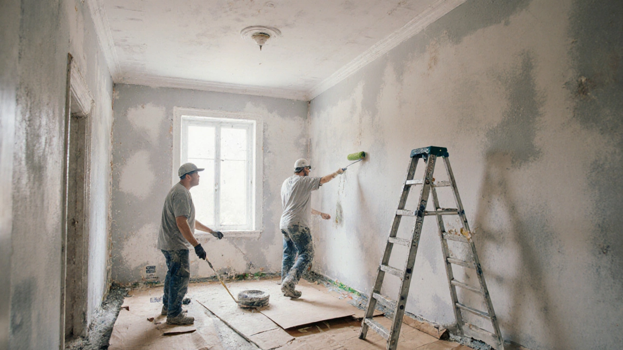 Рабочие красят стены, потолок уже готов, пол покрыт картоном.