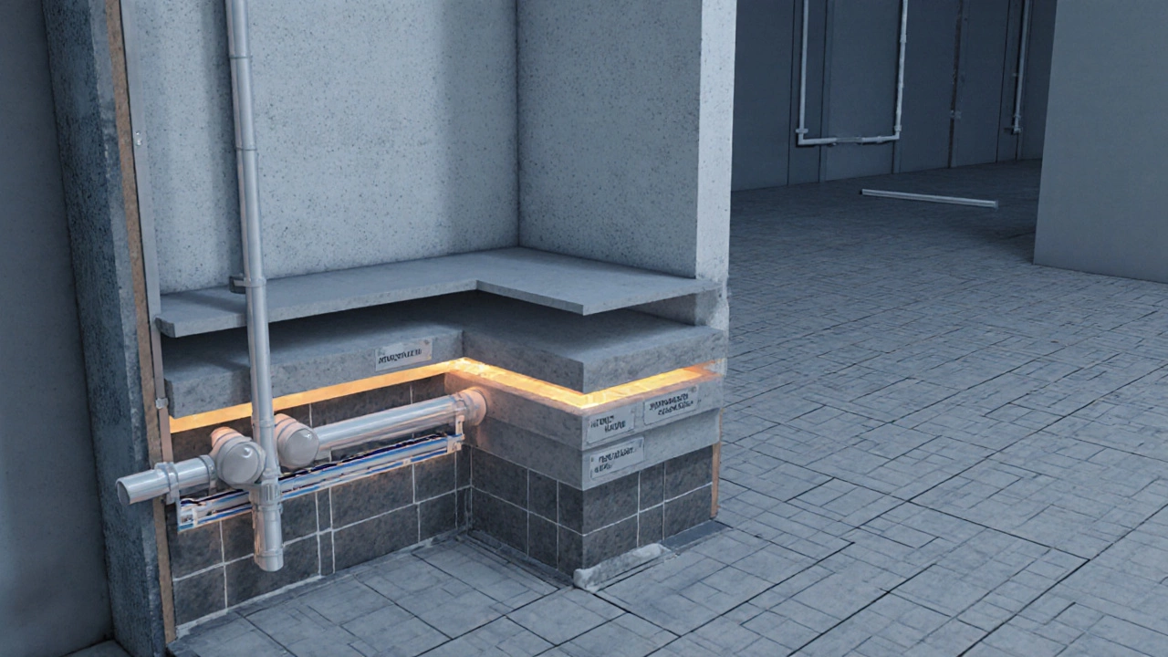 Разрез квартиры с видимыми слоями утепления, новых труб и армированной стяжки пола.