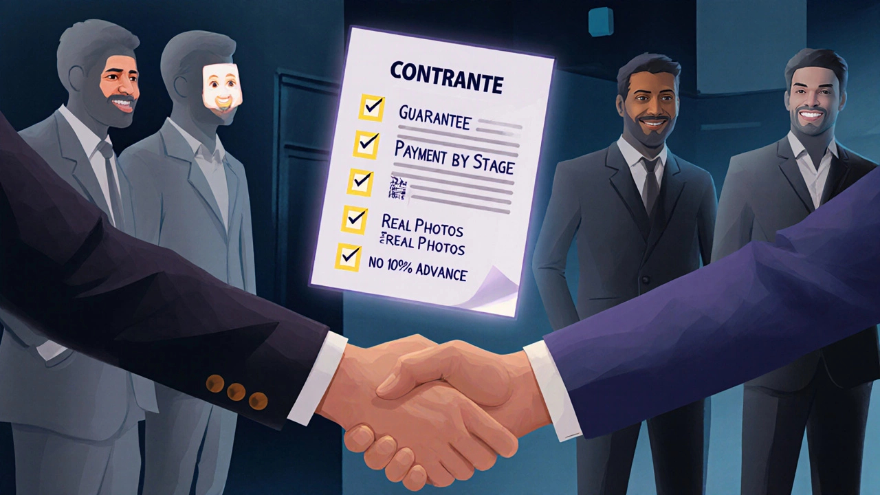 Руки пожимают друг друга, между ними — договор с гарантией и оплатой по этапам, а мошенники исчезают в тени.
