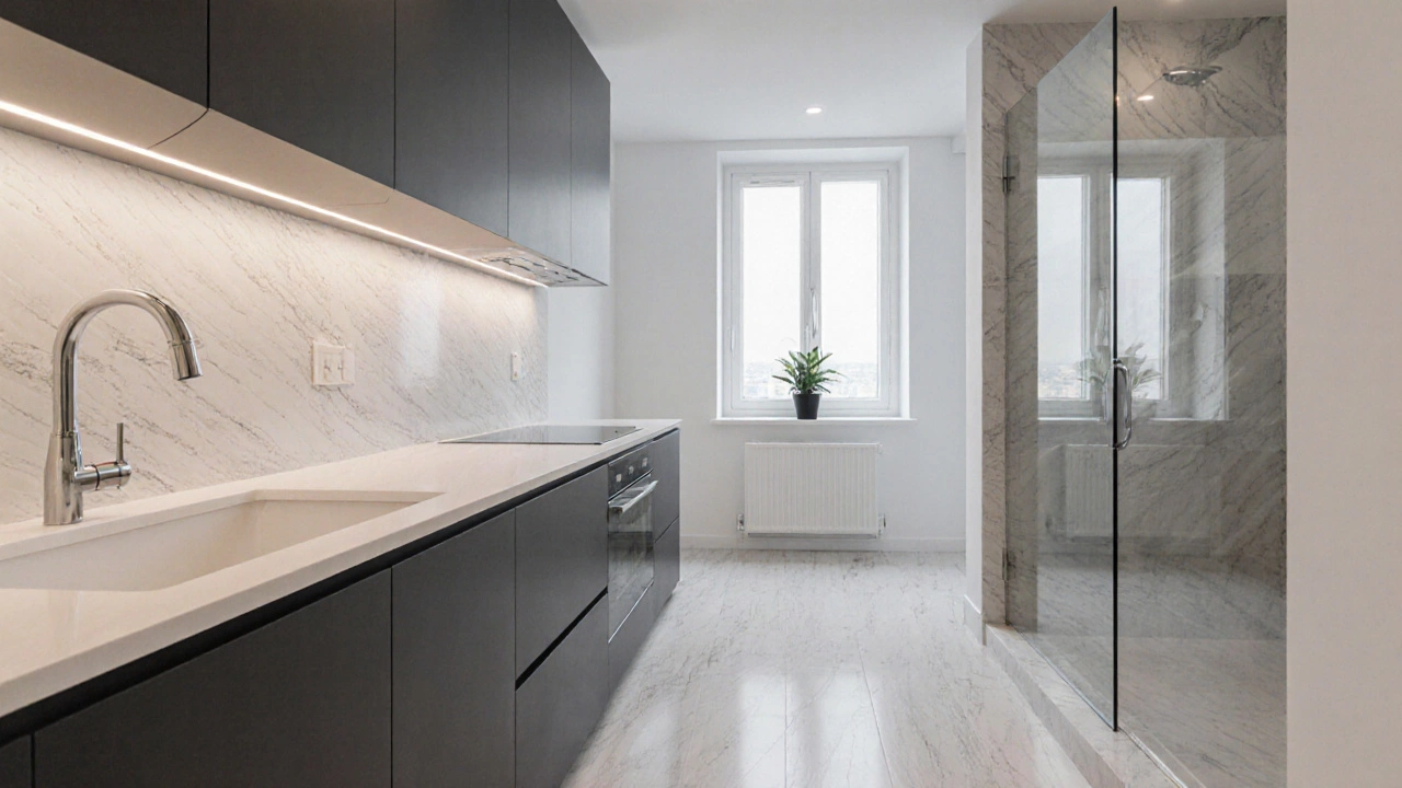 Современная кухня и ванная после капитального ремонта: чистые линии, плитка, встроенная техника и естественный свет.