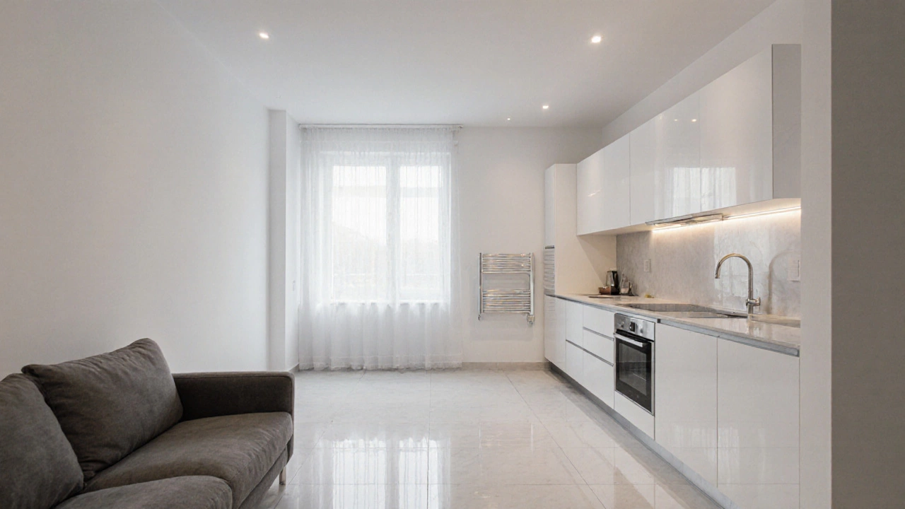 Современная квартира с белыми стенами, керамогранитом на полу и большими окнами, светло и уютно.