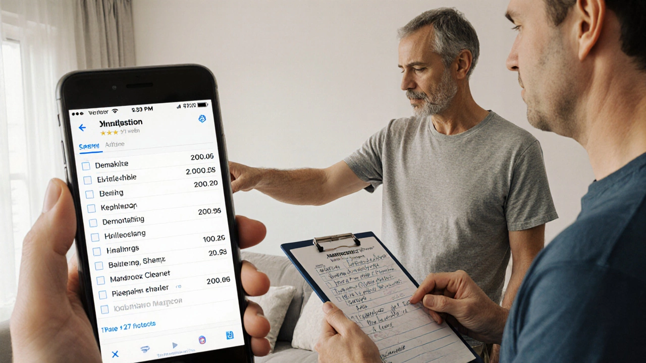 Владелец квартиры и мастер обсуждают смету ремонта с пошаговым списком работ на стене.