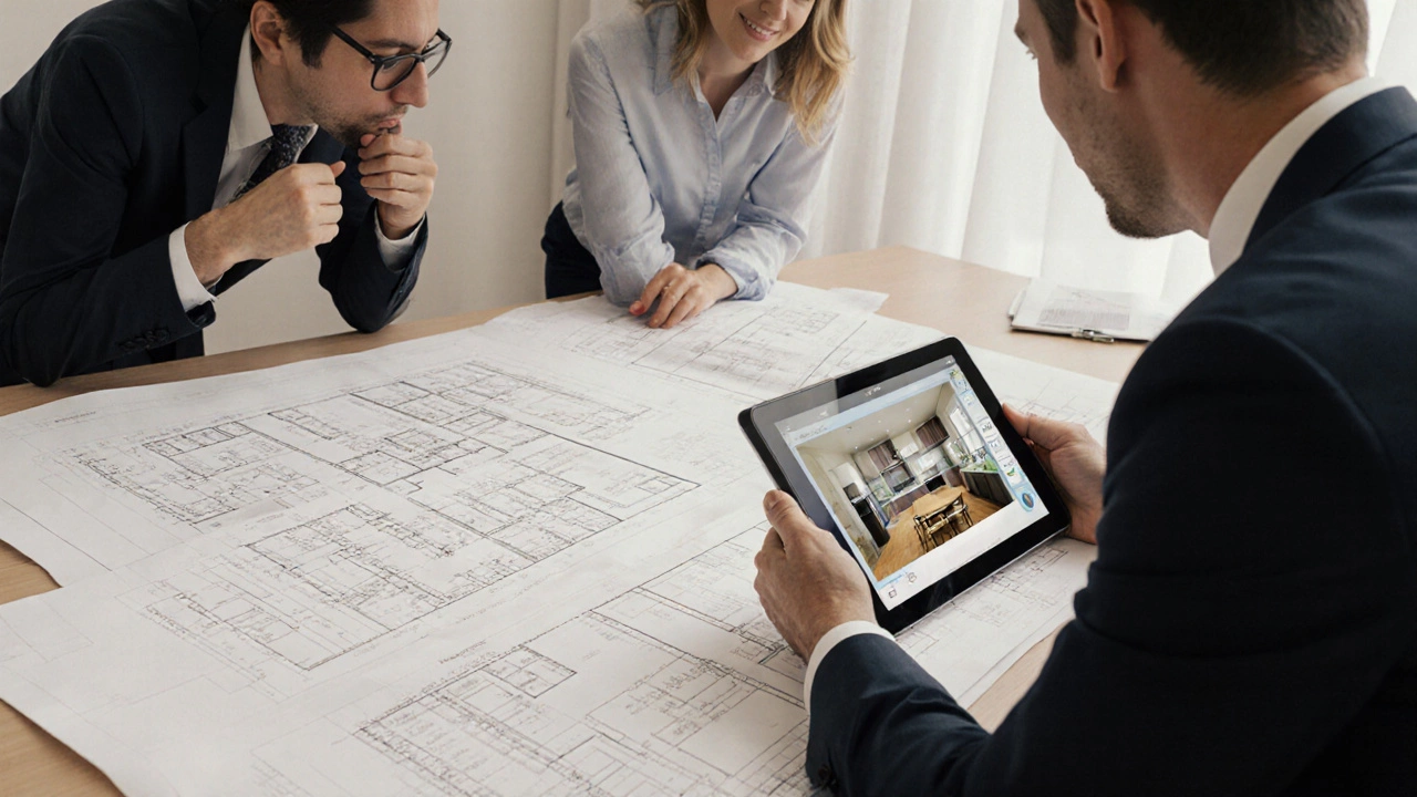 Архитектор показывает клиентам точные чертежи и 3D-визуализации будущей квартиры на столе.