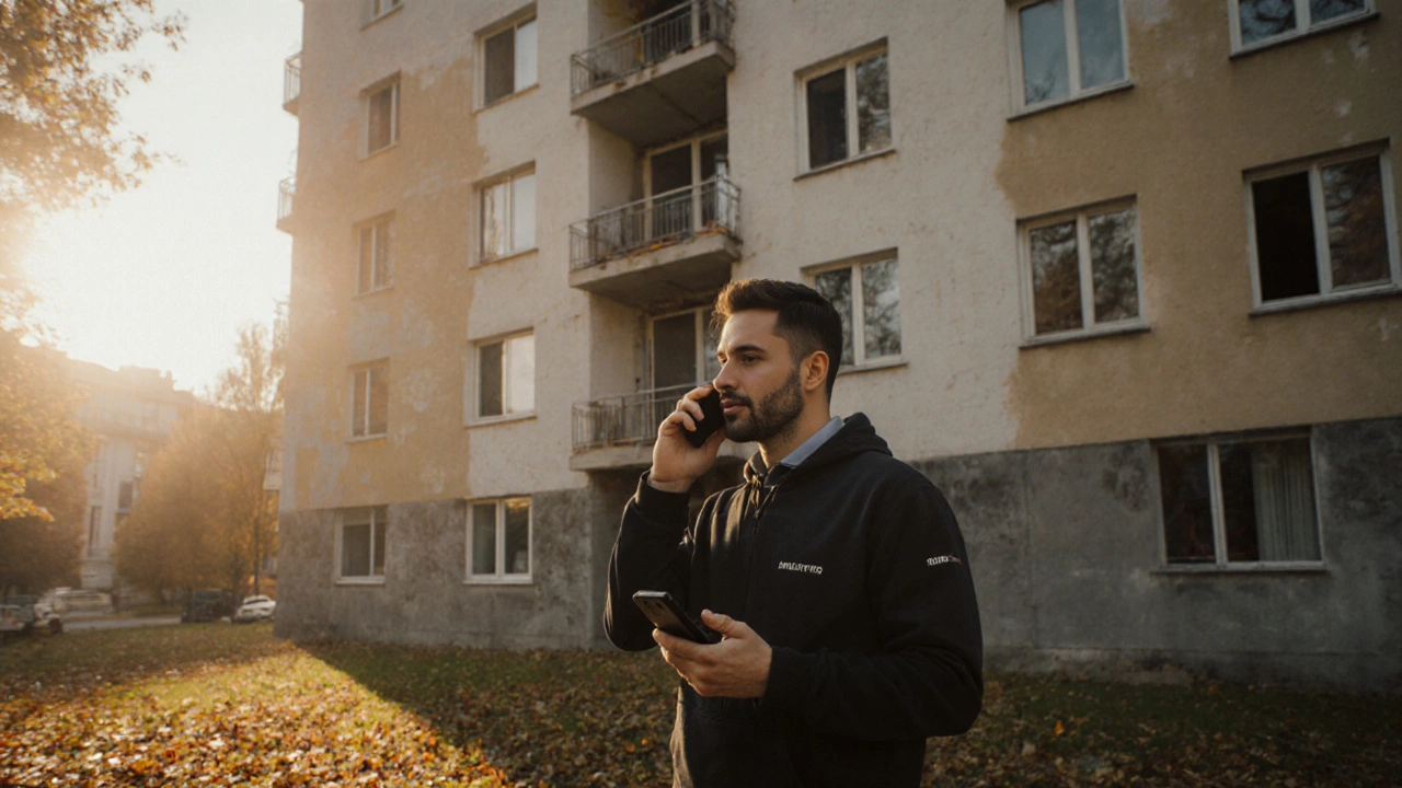 Человек звонит бывшему клиенту подрядчика у входа в отремонтированный дом в Туле.
