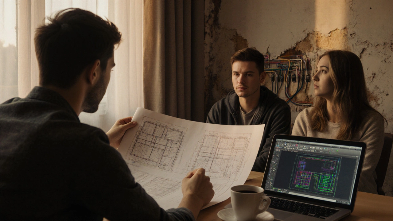 Дизайнер показывает технический чертеж с разводкой электрики паре в их квартире.