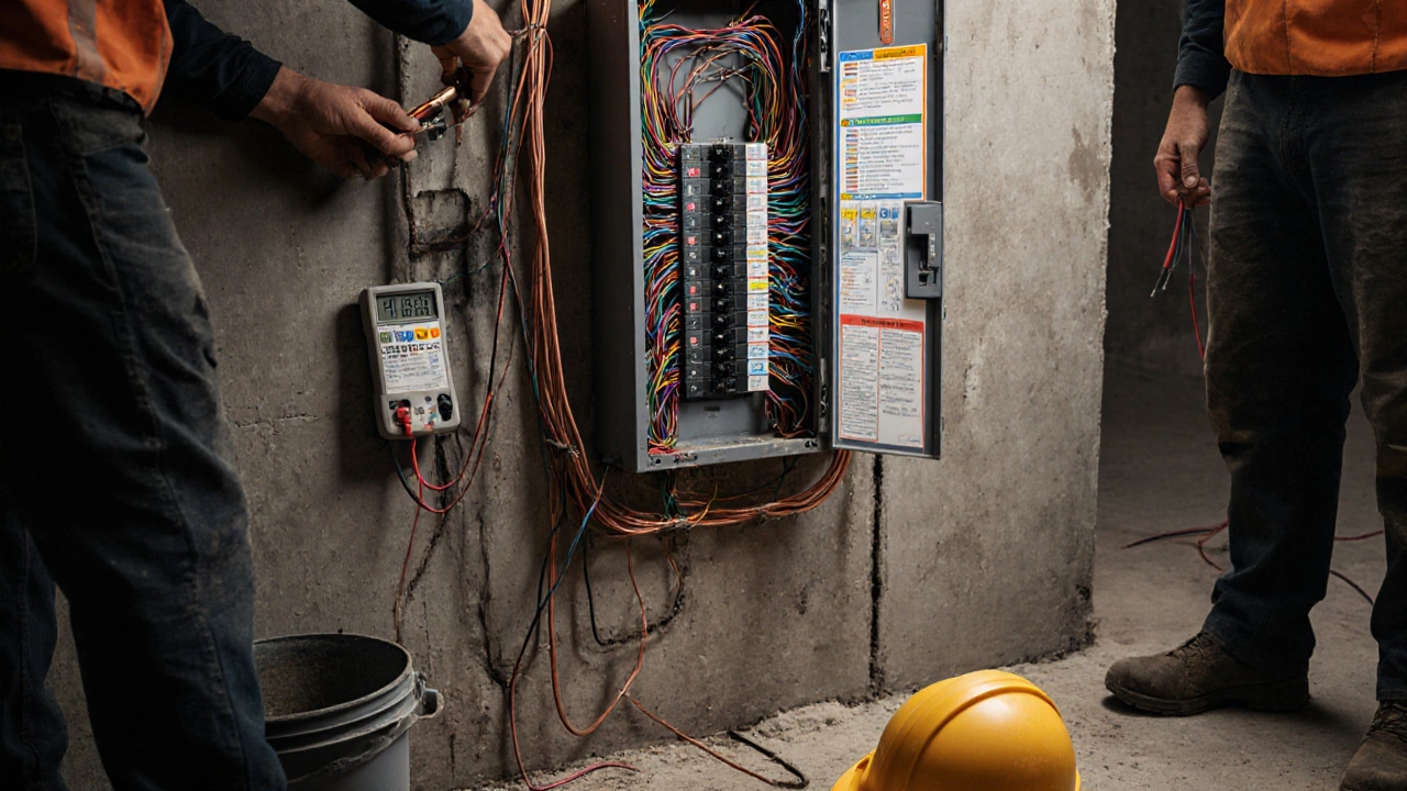 Электрики прокладывают провода в штробах, виден распределительный щит с цветовой маркировкой.