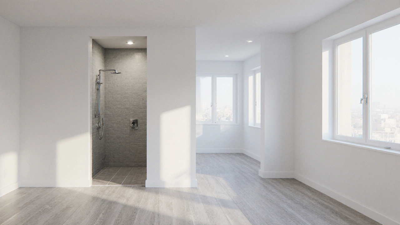 Финишный вид отремонтированной квартиры: белые стены, керамогранит в ванной, ламинат на полу и встроенные светильники.