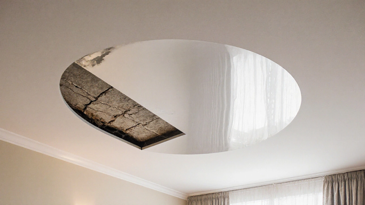 Глянцевый натяжной потолок, визуально увеличивающий высоту комнаты, с видом трещин под ним.