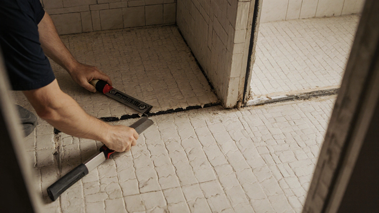 Рабочая бригада укладывает качественную керамическую плитку в ванной комнате, видны инструменты и частично демонтированные старые плитки.