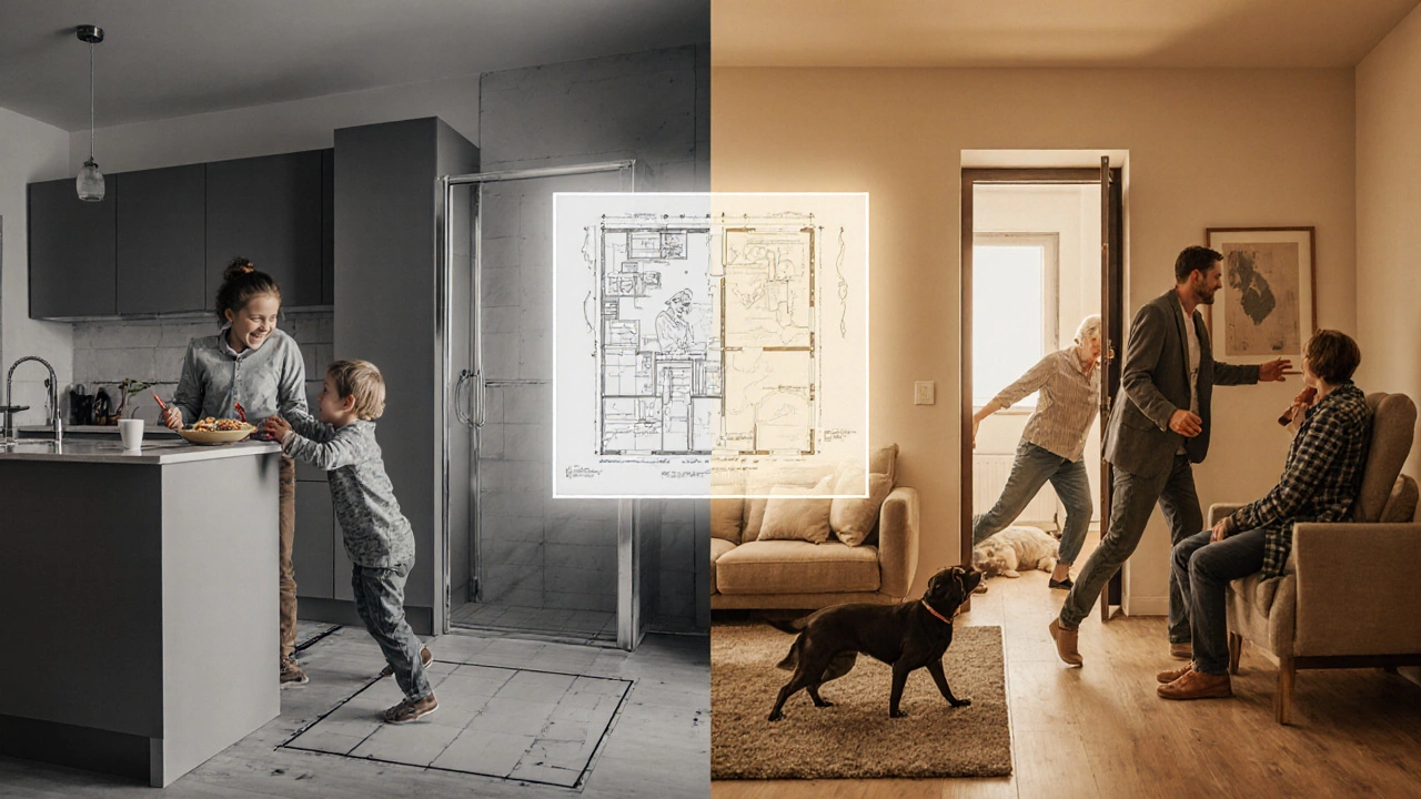 Разделённая сцена: слева — уютное и функциональное пространство, справа — хаотичный и неудобный ремонт.