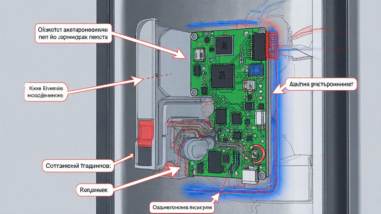 Разрез холодильника с показом внутренних компонентов и схемы подключения.
