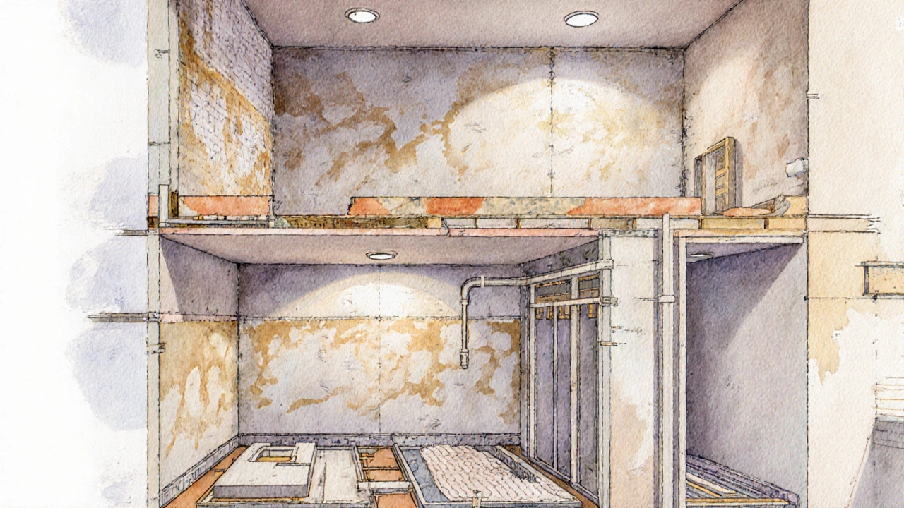 Разрез квартиры с поэтапным расположением ремонтных работ: трубы, гидроизоляция, электропроводка и стяжка пола.