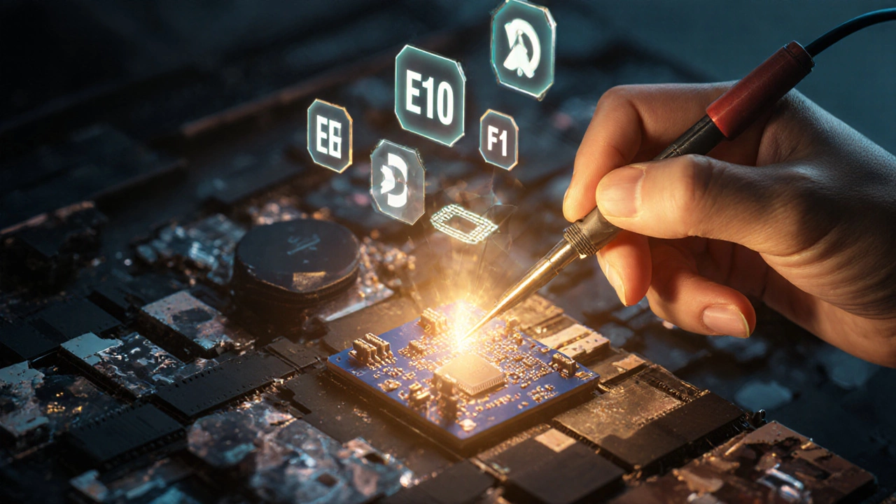 Рука паяет плату, над которой зависают цифровые коды ошибок техники.