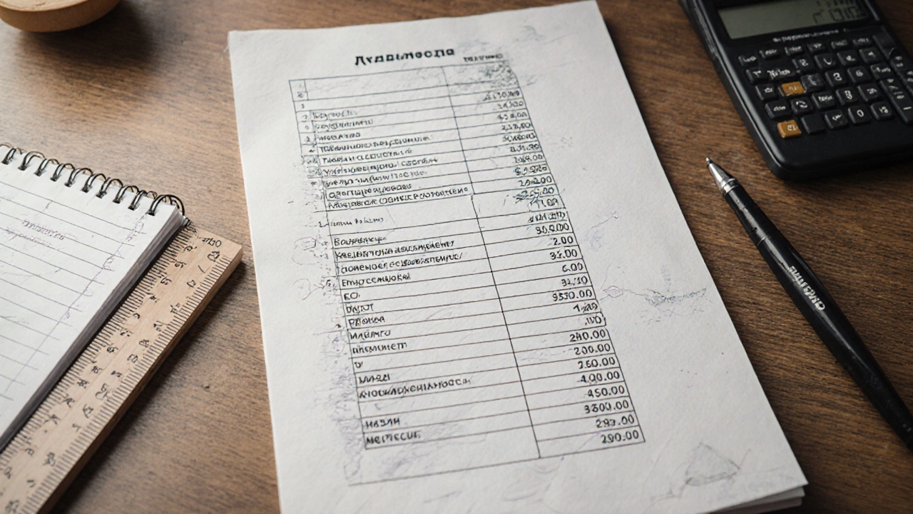 Рукописная таблица с ценами на ремонт: штукатурка, плитка, резерв, на столе — калькулятор и блокнот с замерами.