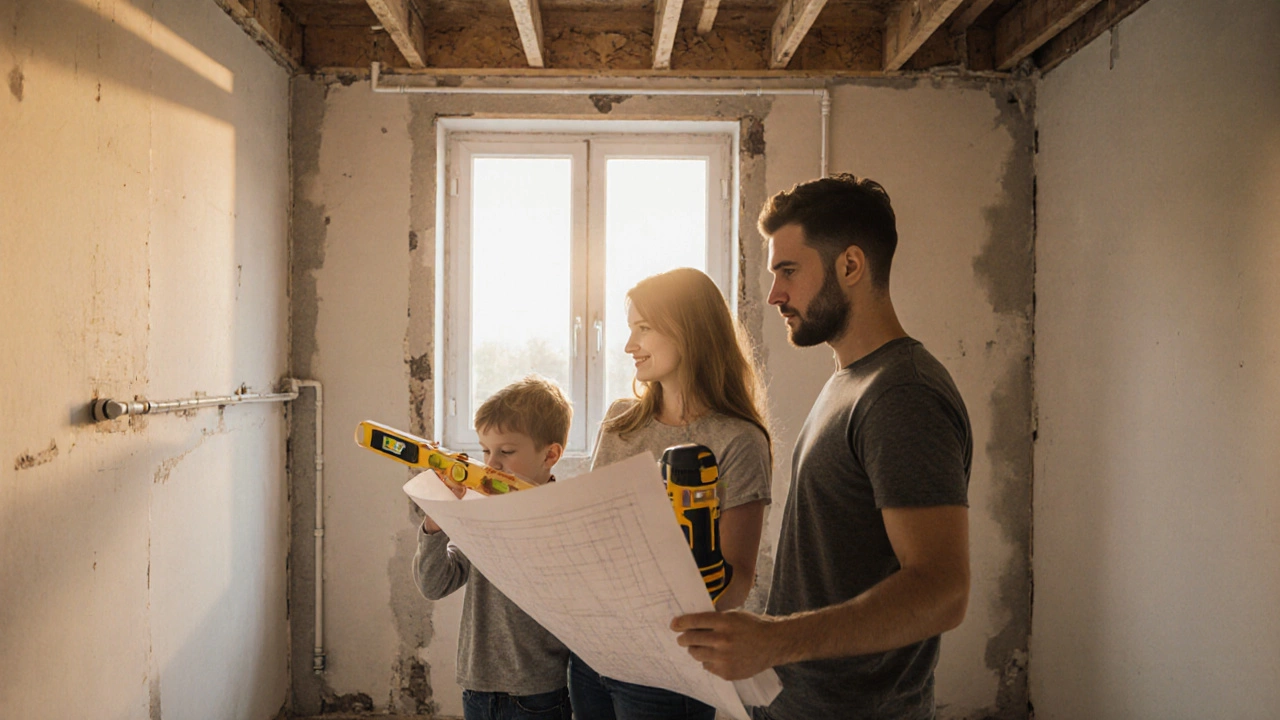 Семья проверяет ровность стен в предчистовой квартире с помощью лазерного уровня, вокруг — готовые основы для ремонта.