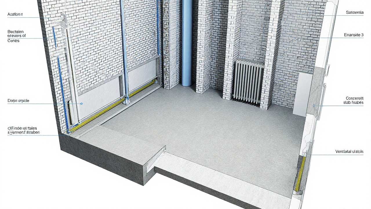 Схематичный разрез квартиры в предчистовой отделке: стены с штукатуркой, трубы и кабели в гофре, ниши под радиаторы, вентиляционные каналы.