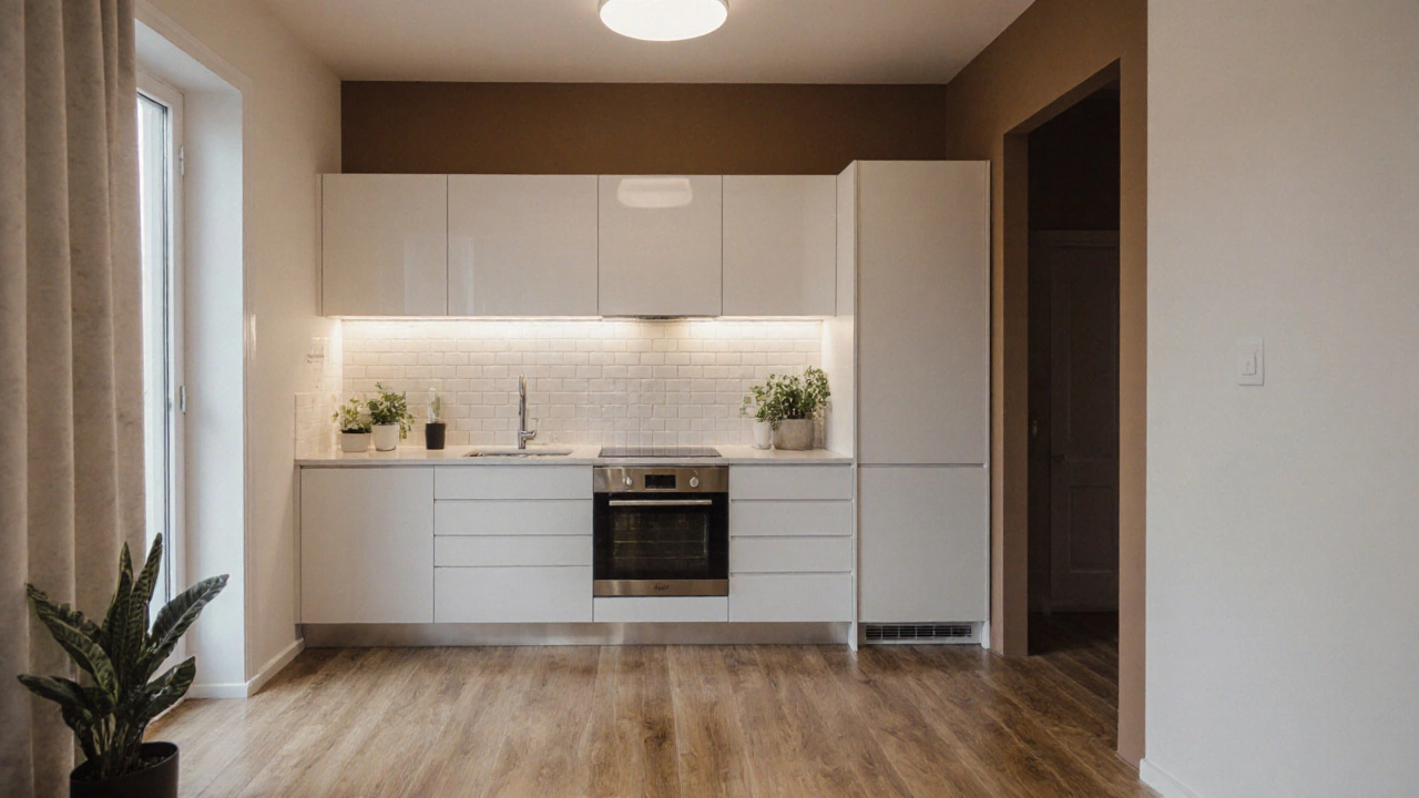 Современная квартира после ремонта: деревянный пол, белые кухонные шкафы и светильник на потолке.