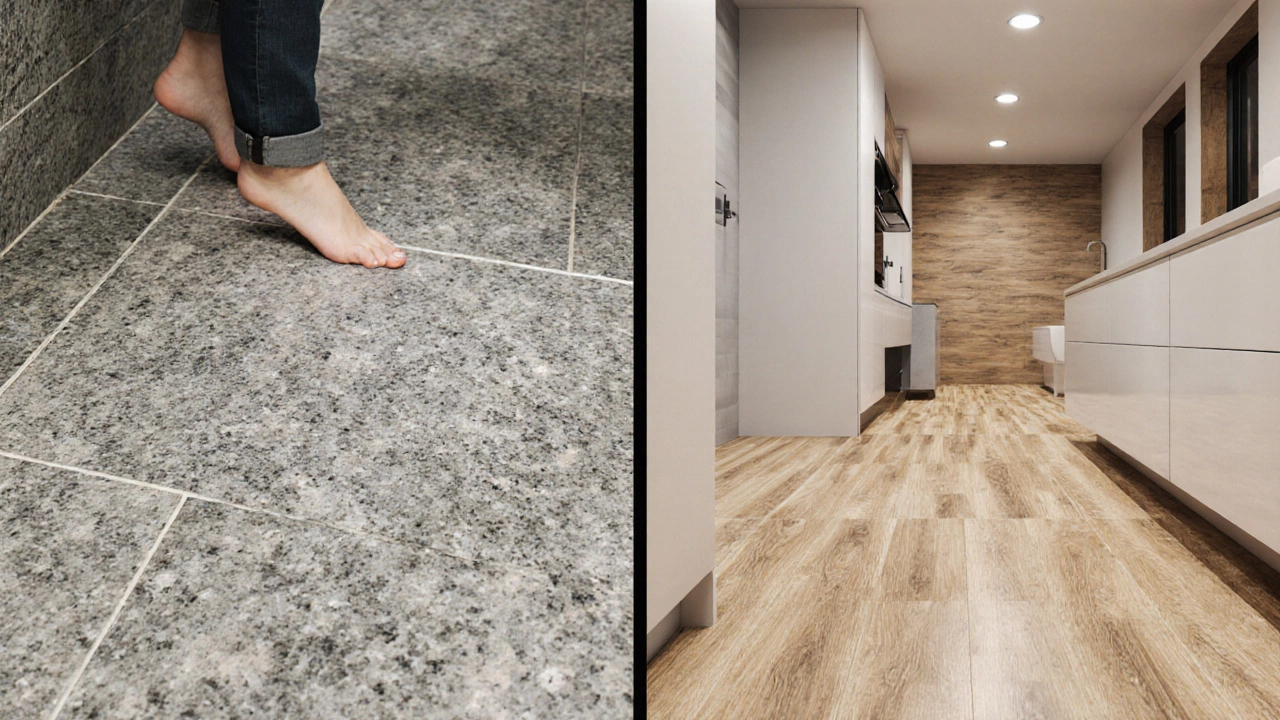 Сравнение напольных покрытий: керамогранит и современный линолеум с имитацией дерева.
