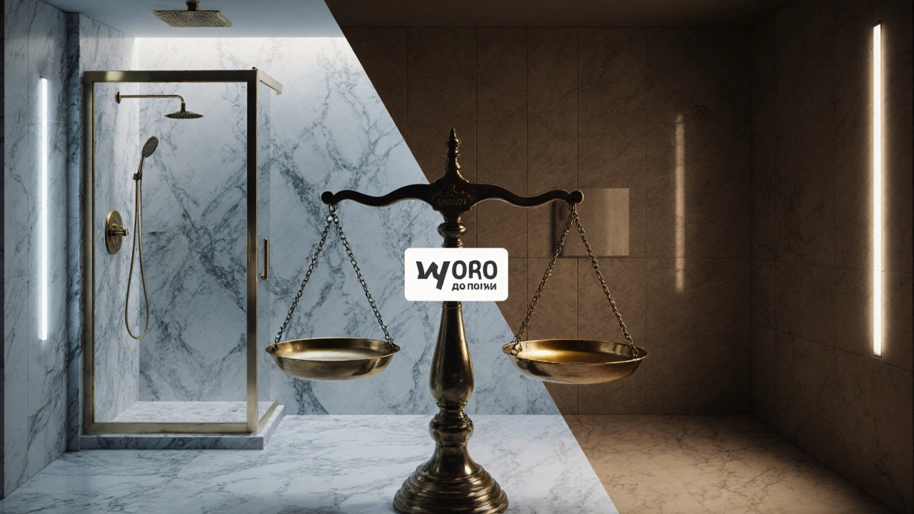 Сравнение роскошной и бюджетной ванной комнаты: слева — мрамор и техника, справа — простая плитка и базовая сантехника.