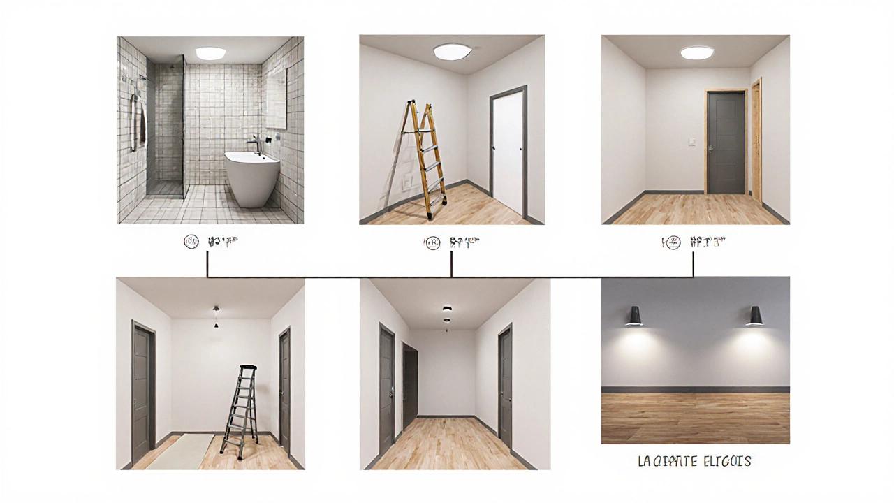 Вертикальная схема этапов ремонта: плитка, покраска, потолок, двери, ламинат, светильники.