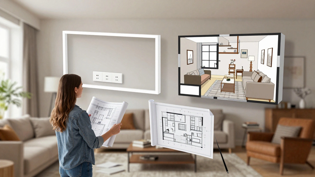Дизайнер держит план помещения, рядом — виртуальная 3D-визуализация идеального интерьера.