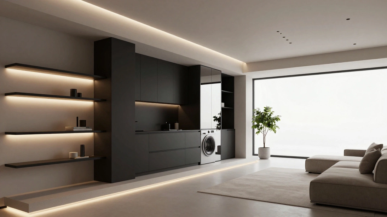 Дизайнерский ремонт: современная студия со скрытой мебелью, подсветкой и минималистичным интерьером.