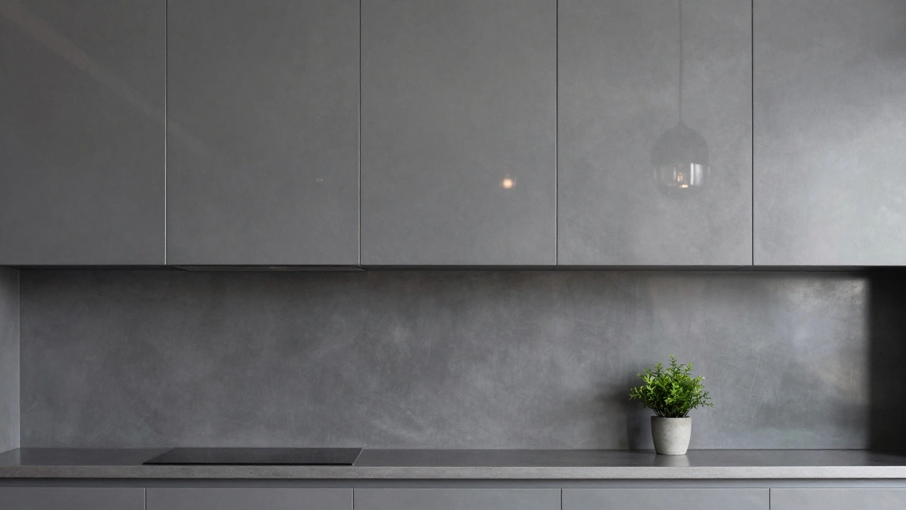 Кухонная стена с металлическими панелями в матовом сером оттенке.