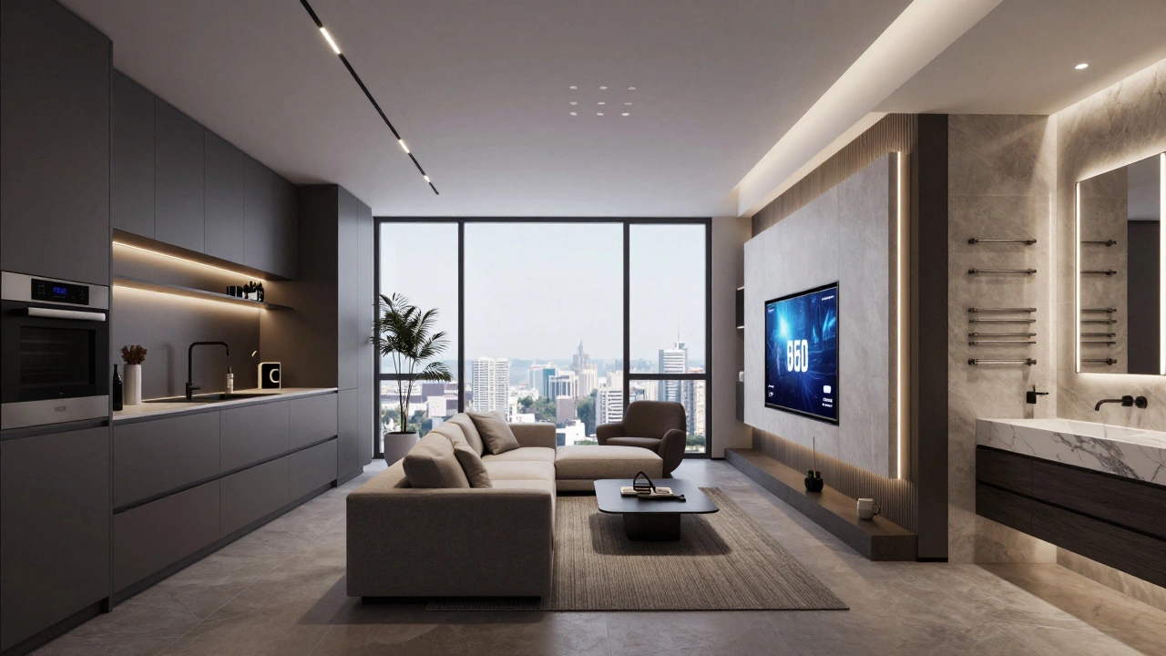 Премиум-интерьер с интегрированной техникой, дизайнерской мебелью и панорамными окнами в стиле минимализм.