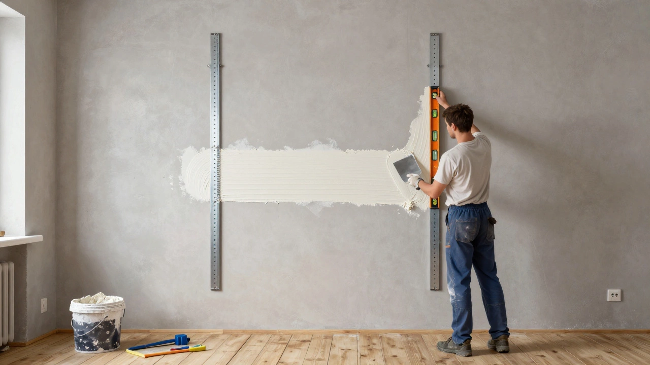 Рабочий наносит штукатурку между металлическими маяками, стена в процессе выравнивания.