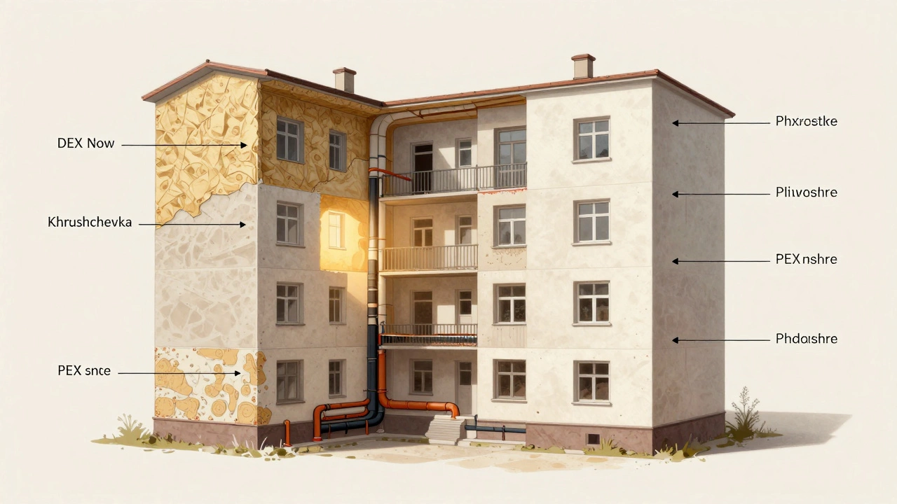 Разрез старой квартиры после капитального ремонта: слои утепления, новая проводка и трубы под штукатуркой.