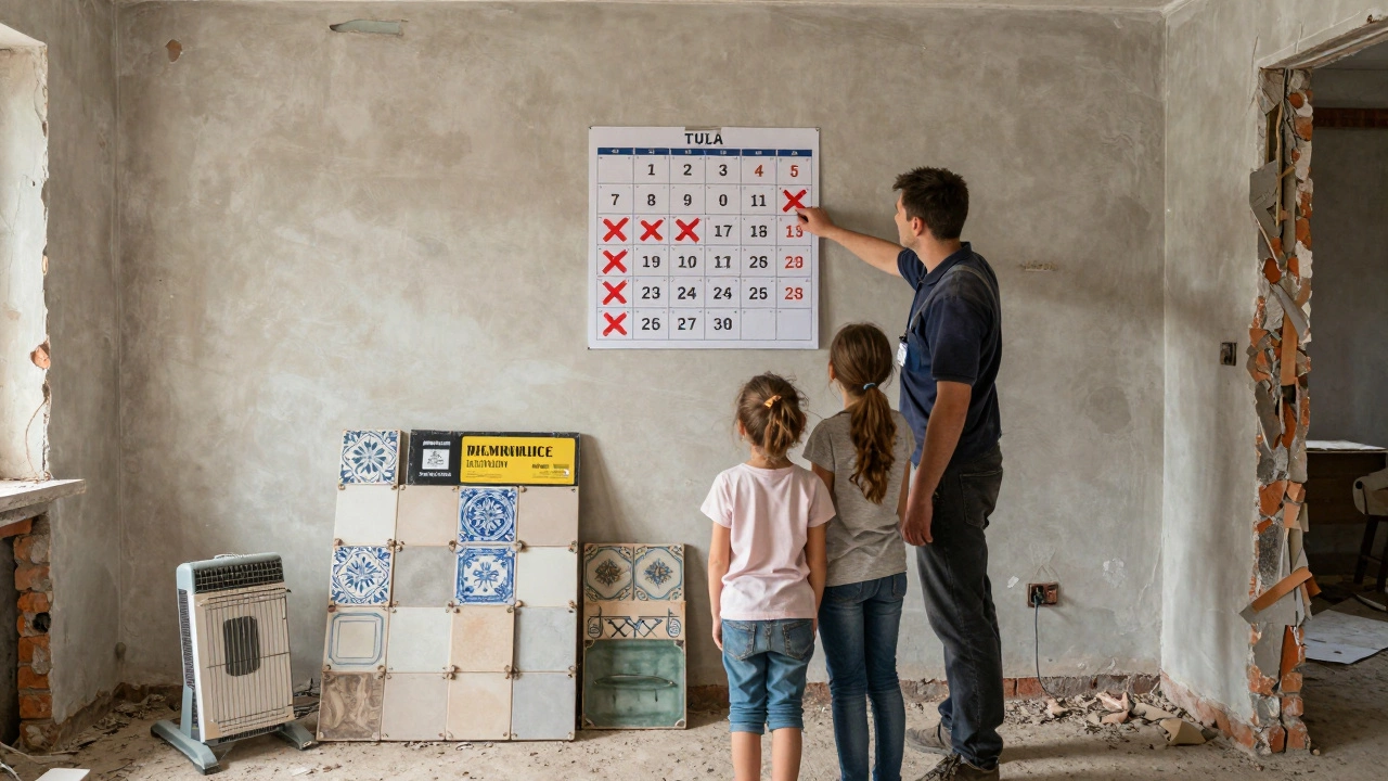 Семья смотрит на календарь с отмеченными задержками в ремонте, рядом лежат импортные плитки.