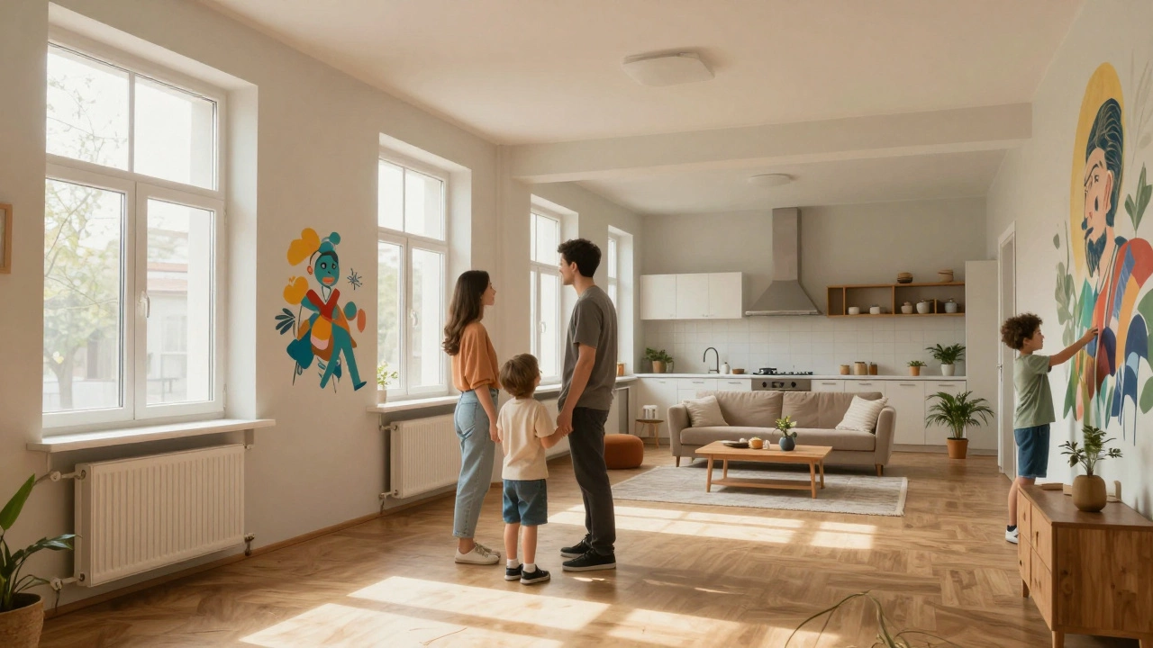 Семья в современной квартире с открытым планом, новыми окнами и подогревом пола, солнечный свет заливает комнату.
