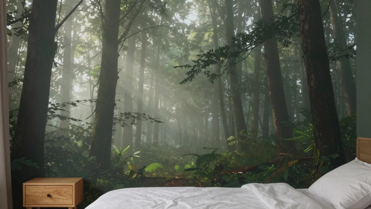 Спальня со стеной, покрытой 3D-фотообоями с лесным пейзажем.