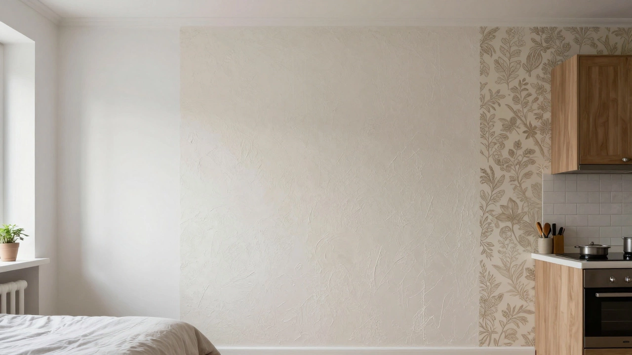 Три типа финишной отделки стен: краска, декоративная штукатурка и обои в разных комнатах.