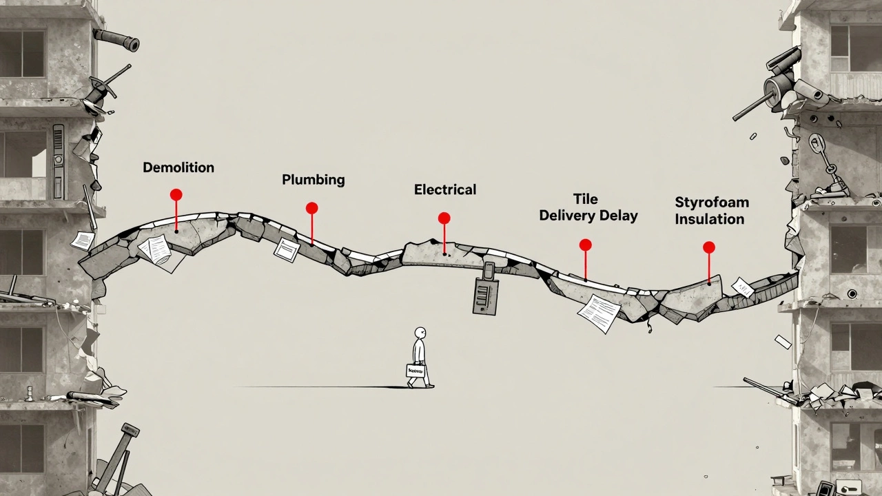 Визуальная линия времени капитального ремонта с препятствиями: задержки, разрешения и инструменты.