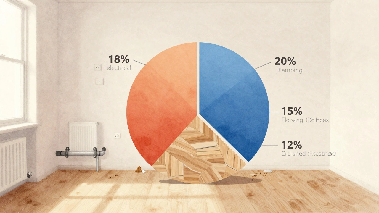 Визуализация распределения бюджета ремонта: скрытые работы, электрика, сантехника и полы, изображённые как части интерьера.