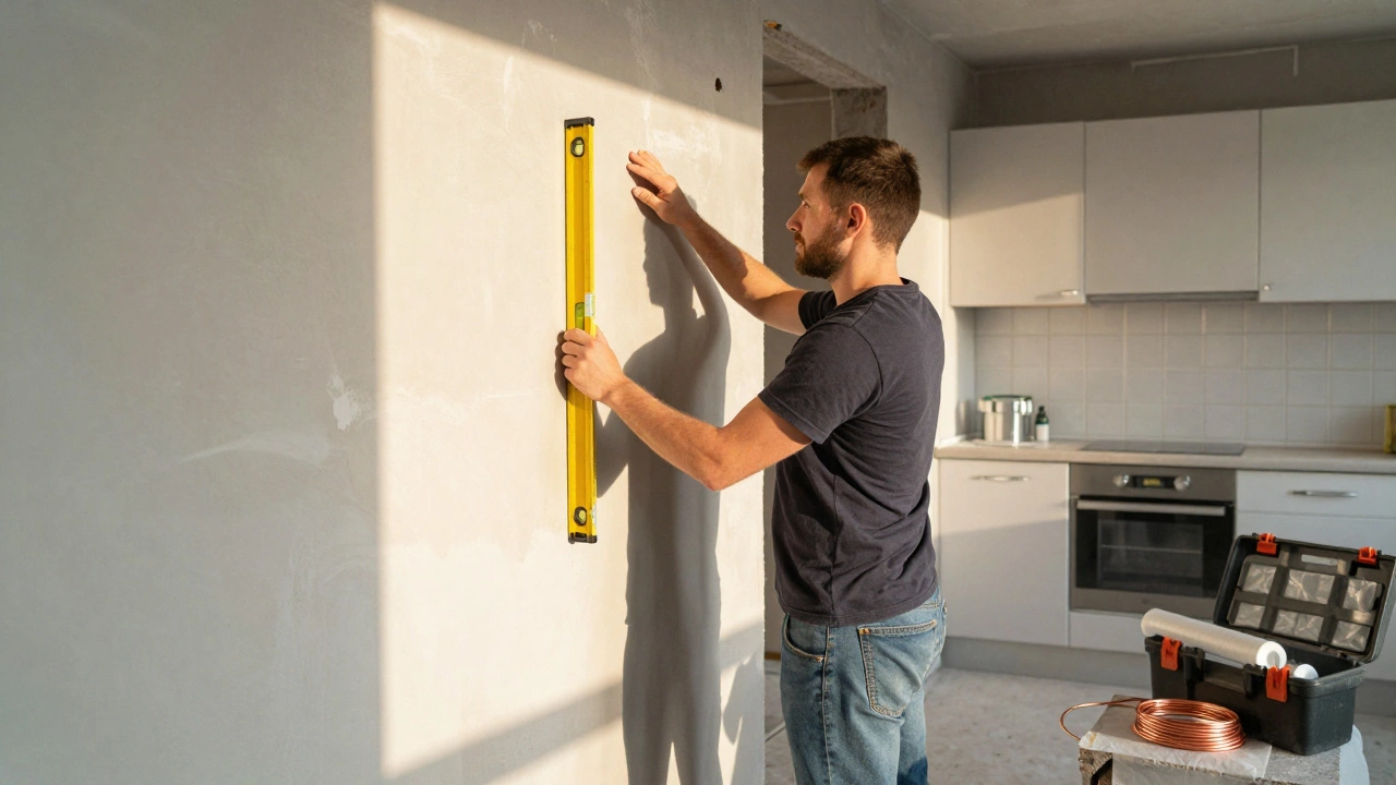 Владелец проверяет ровность стены уровнем, рядом — инструменты и материалы для ремонта, вдали — частично собранная кухня.