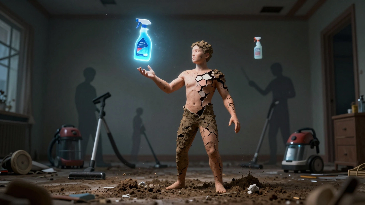 Человек из грязи и плесени, разлагающийся под воздействием чистящих средств, символизирующий возрождение дома.