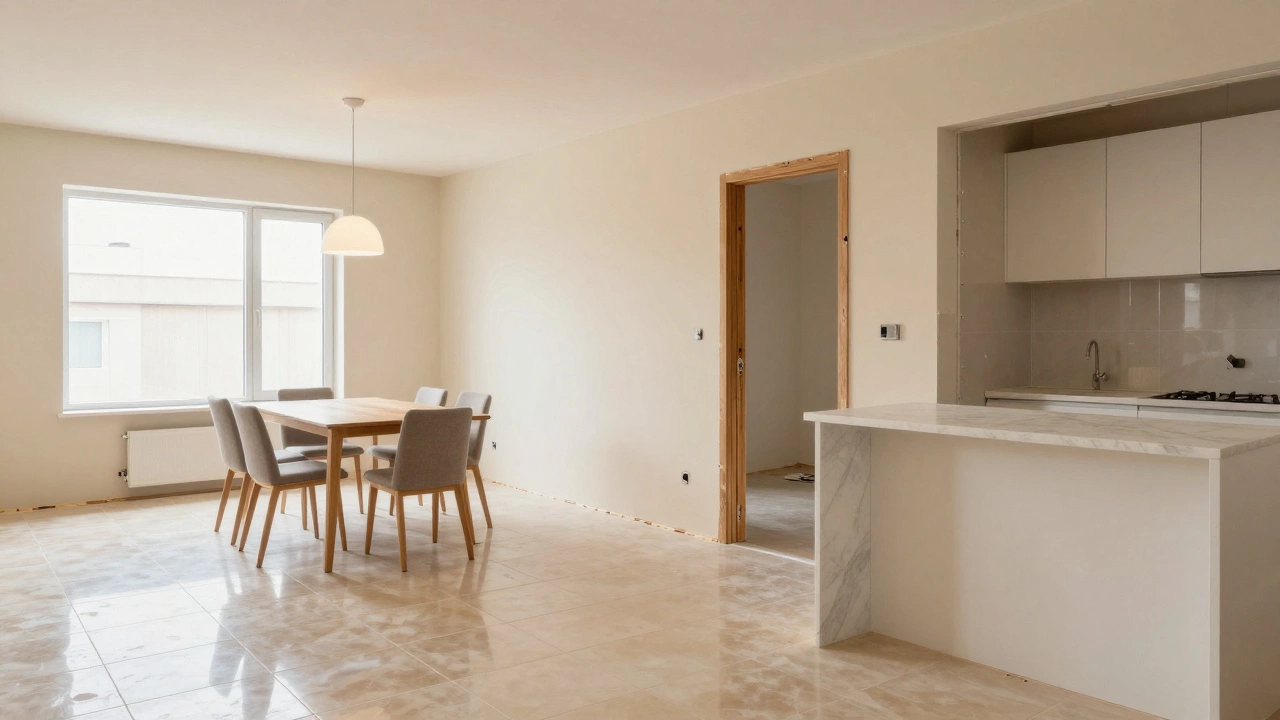 Чистовая отделка квартиры: плитка, покрашенные стены и современный светильник в уютной обстановке.