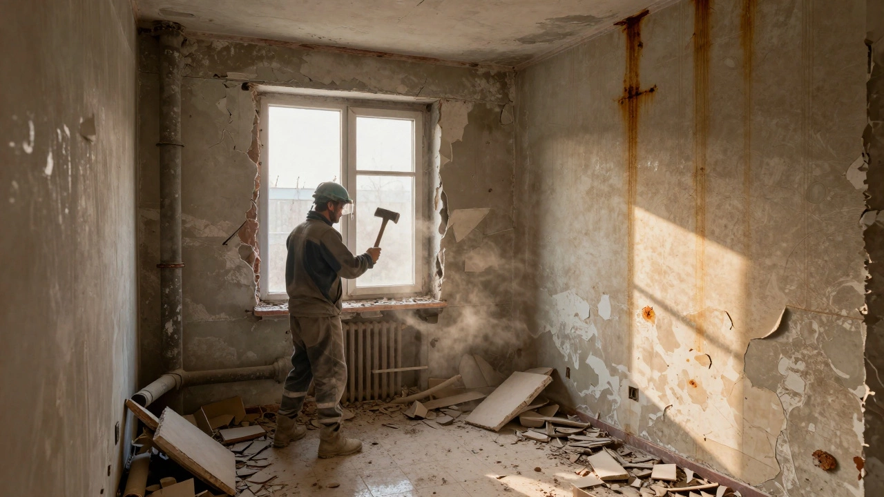Демонтаж старой отделки: снятые обои, обнажённые стены и трубы в пыли