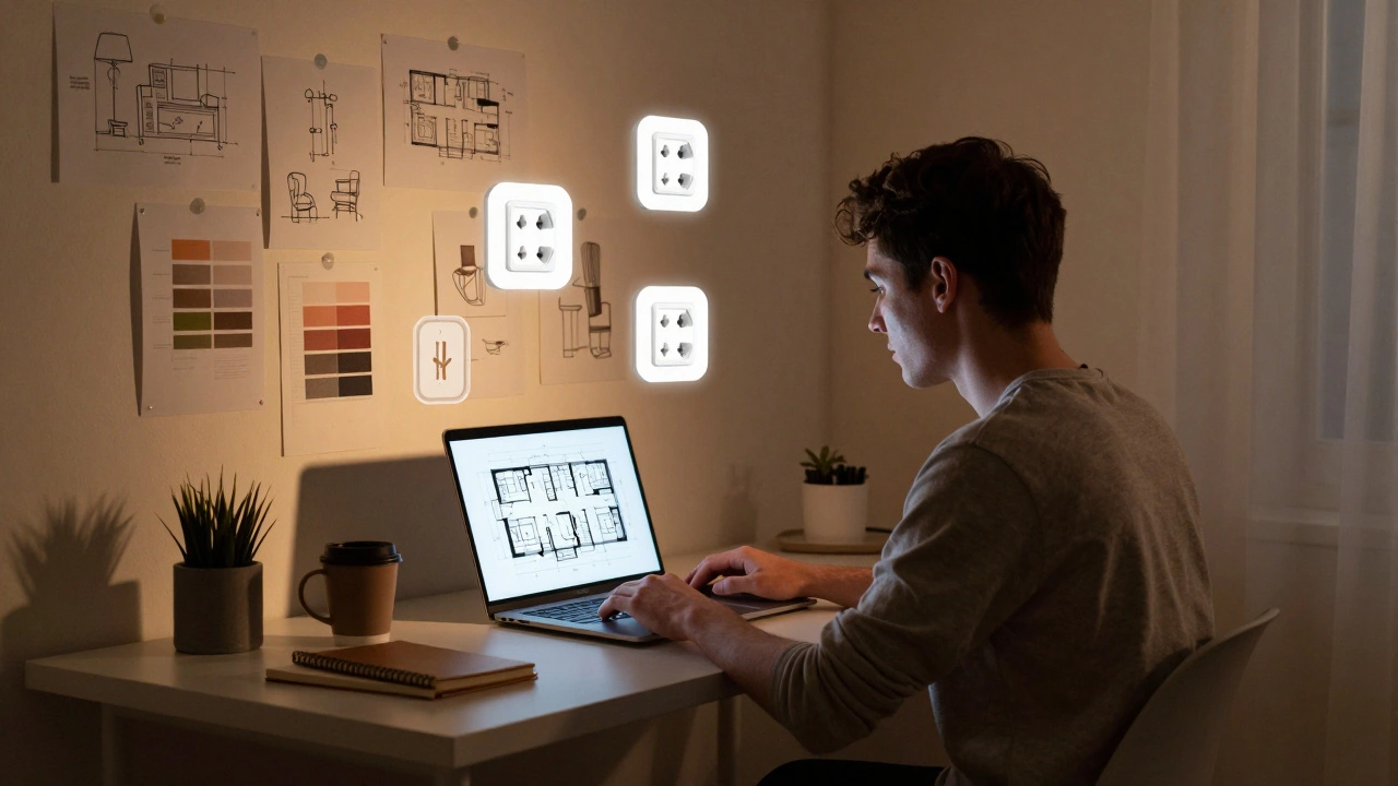 Дизайнер работает ночью за ноутбуком с 3D-планом, на стенах эскизы и цветовые образцы.