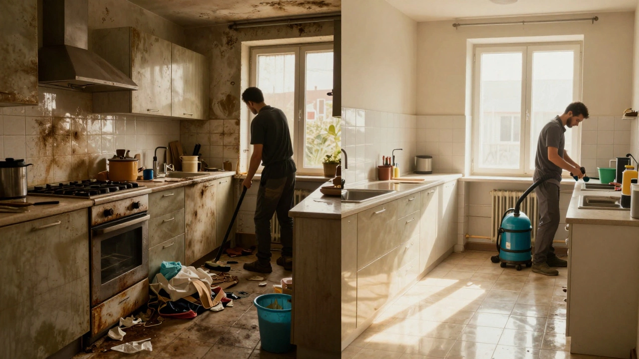 До и после уборки трехкомнатной квартиры в Туле: грязь слева, чистота справа, команда уборщиков в работе.