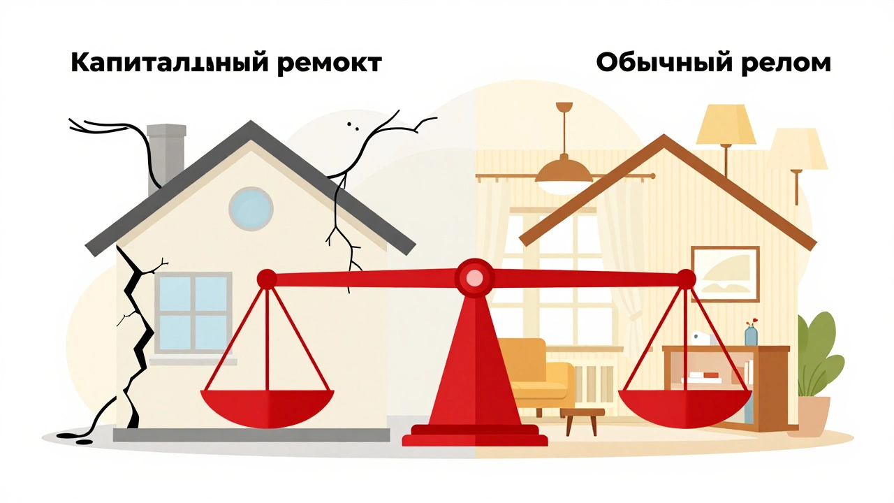 Дом на весах: одна сторона — разрушающаяся инфраструктура, другая — красивый интерьер, символизируя безопасность и красоту.