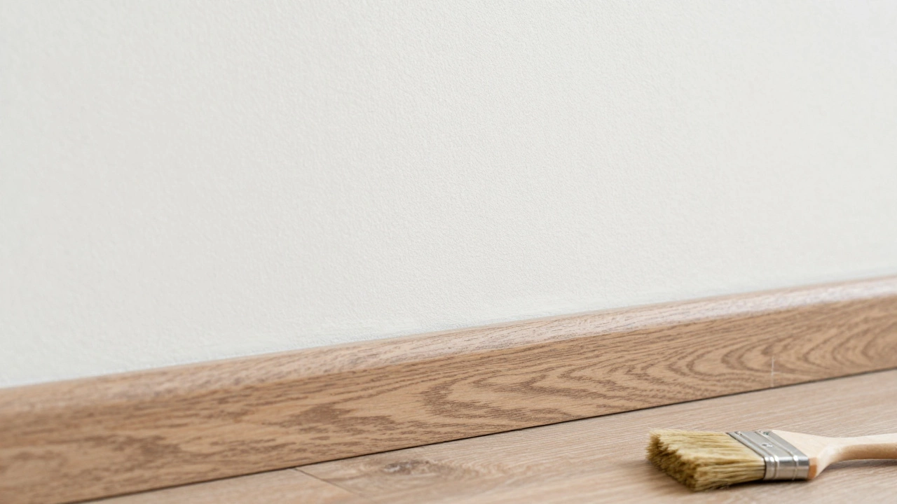Идеальный стык обоев и плинтуса без зазоров, с аккуратной текстурой стены и инструментом рядом.