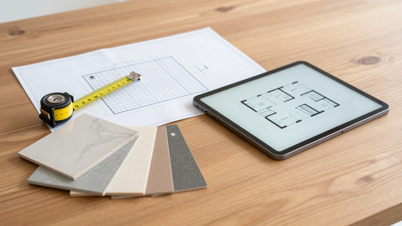 Инструменты дизайнера: чертеж, образцы материалов и план на планшете на деревянном столе.