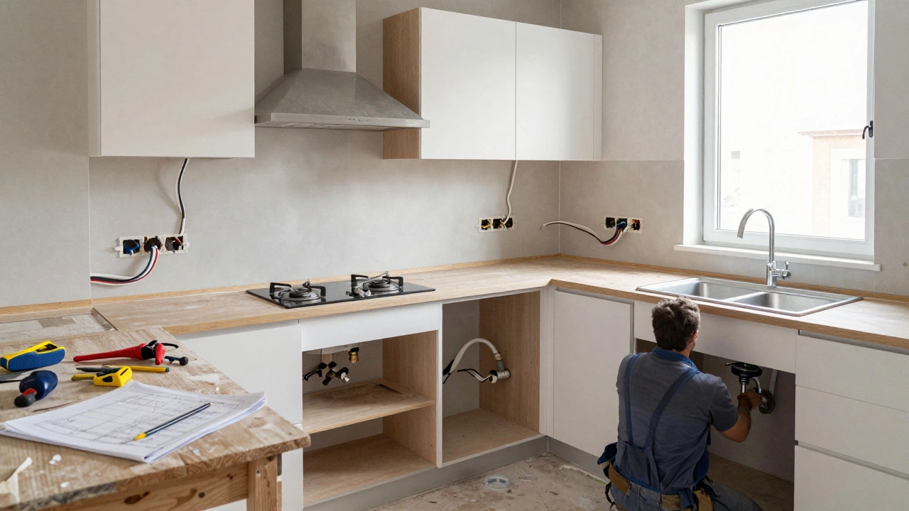 Кухня на этапе ремонта: установлены шкафы, видны провода и подключение водопровода.